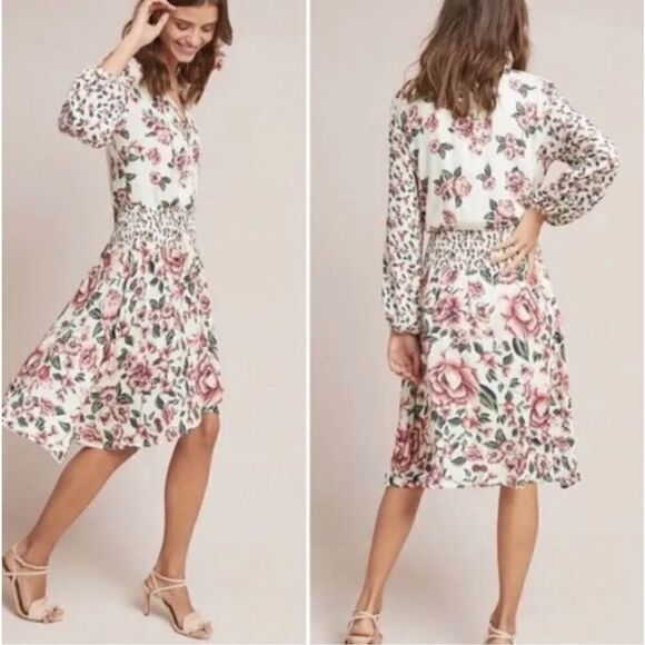 Farm Rio Anabela White Floral Smocked Ruched Waist Long Sleeve Dress XXS - Picture 2 of 14